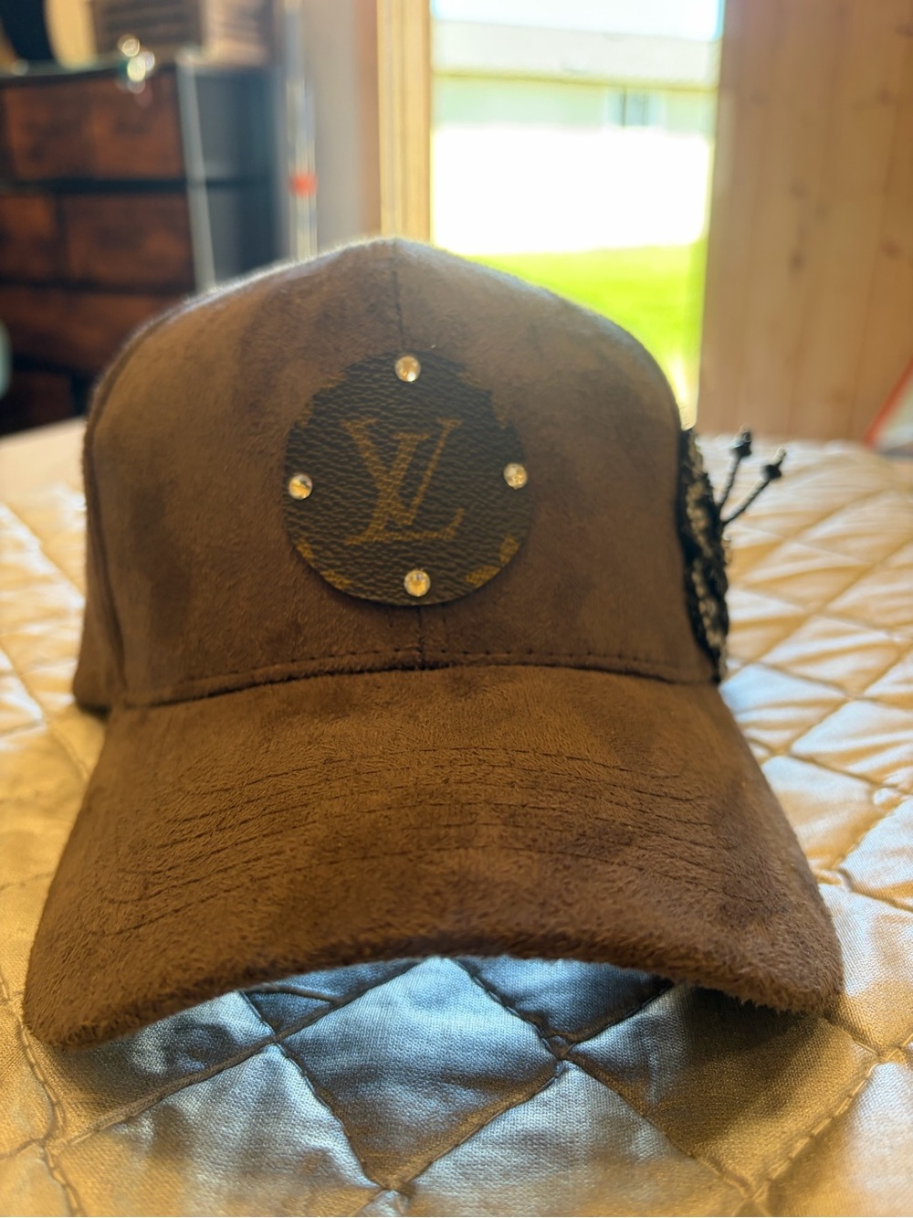 Brown Suede Baseball Cap with upcycled Logo Louis Vuitton Patch
